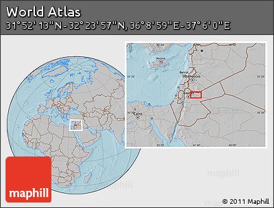 Gray Location Map of the Area around 32° 8' 5" N, 36° 37' 30" E, hill shading