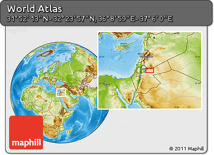 Physical Location Map of the Area around 32° 8' 5" N, 36° 37' 30" E