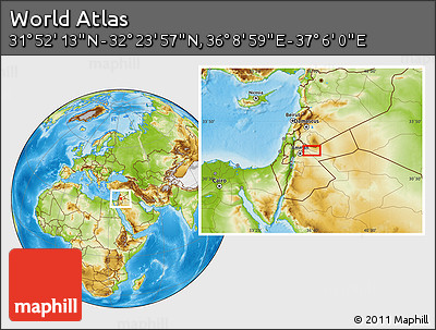 Physical Location Map of the Area around 32° 8' 5" N, 36° 37' 30" E