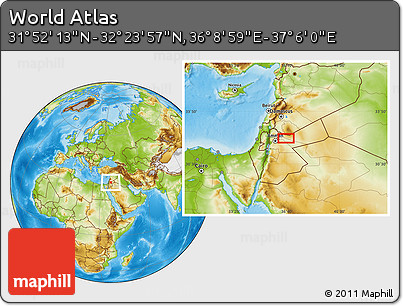 Physical Location Map of the Area around 32° 8' 5" N, 36° 37' 30" E