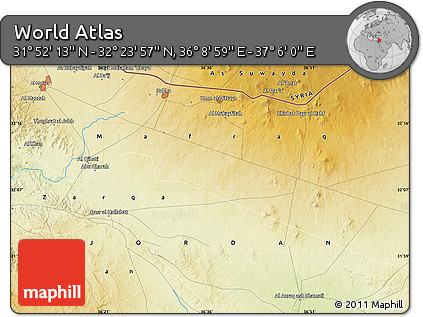 Physical Map of the Area around 32° 8' 5" N, 36° 37' 30" E