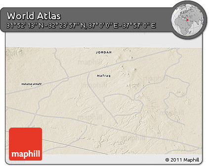 Shaded Relief 3D Map of the Area around 32° 8' 5" N, 37° 28' 30" E