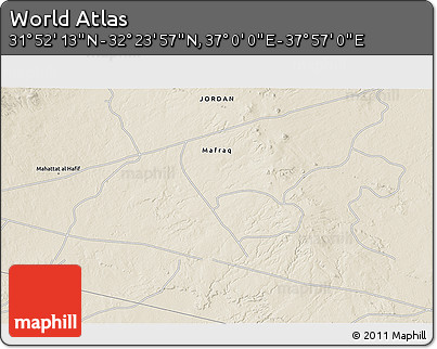 Shaded Relief 3D Map of the Area around 32° 8' 5" N, 37° 28' 30" E