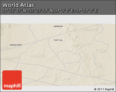 Shaded Relief 3D Map of the Area around 32° 8' 5" N, 37° 28' 30" E