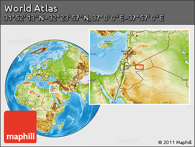 Physical Location Map of the Area around 32° 8' 5" N, 37° 28' 30" E
