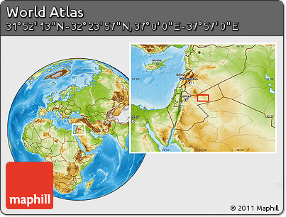 Physical Location Map of the Area around 32° 8' 5" N, 37° 28' 30" E