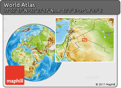 Physical Location Map of the Area around 32° 8' 5" N, 39° 10' 29" E