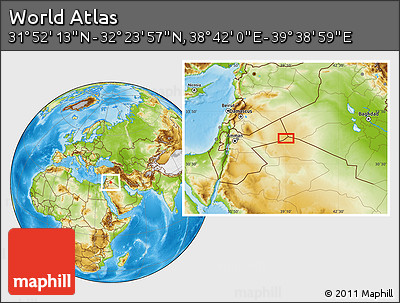 Physical Location Map of the Area around 32° 8' 5" N, 39° 10' 29" E