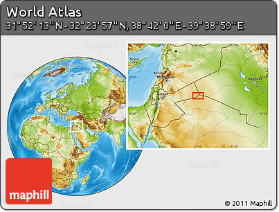 Physical Location Map of the Area around 32° 8' 5" N, 39° 10' 29" E