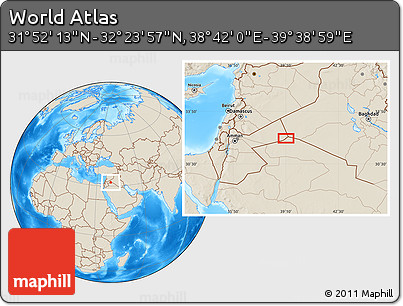 Shaded Relief Location Map of the Area around 32° 8' 5" N, 39° 10' 29" E