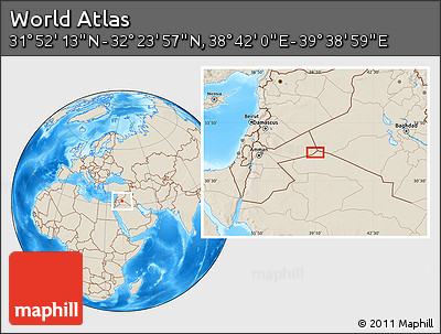 Shaded Relief Location Map of the Area around 32° 8' 5" N, 39° 10' 29" E