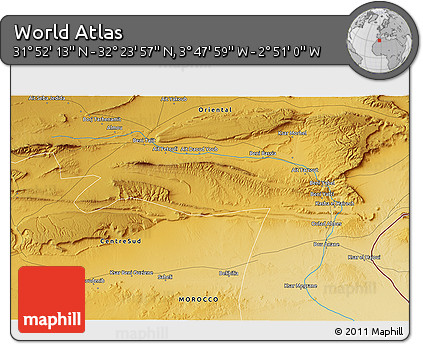 Physical 3D Map of the Area around 32° 8' 5" N, 3° 19' 30" W
