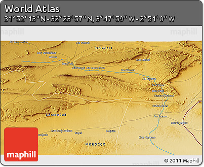 Physical 3D Map of the Area around 32° 8' 5" N, 3° 19' 30" W