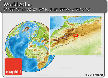 Physical Location Map of the Area around 32° 8' 5" N, 3° 19' 30" W