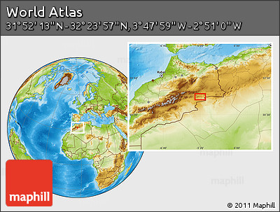 Physical Location Map of the Area around 32° 8' 5" N, 3° 19' 30" W