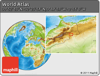 Physical Location Map of the Area around 32° 8' 5" N, 3° 19' 30" W