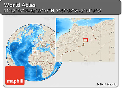 Shaded Relief Location Map of the Area around 32° 8' 5" N, 3° 19' 30" W