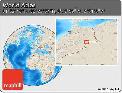 Shaded Relief Location Map of the Area around 32° 8' 5" N, 3° 19' 30" W
