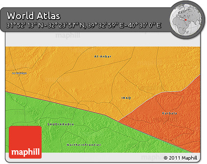 Political 3D Map of the Area around 32° 8' 5" N, 40° 1' 29" E