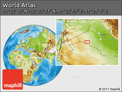 Physical Location Map of the Area around 32° 8' 5" N, 40° 52' 30" E