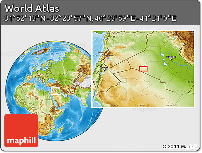 Physical Location Map of the Area around 32° 8' 5" N, 40° 52' 30" E