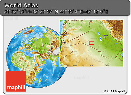 Physical Location Map of the Area around 32° 8' 5" N, 41° 43' 30" E