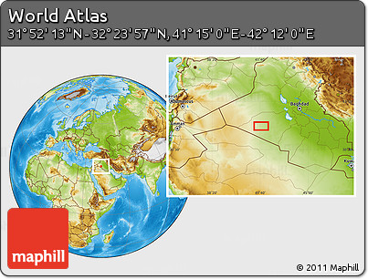 Physical Location Map of the Area around 32° 8' 5" N, 41° 43' 30" E