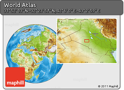 Physical Location Map of the Area around 32° 8' 5" N, 42° 34' 30" E