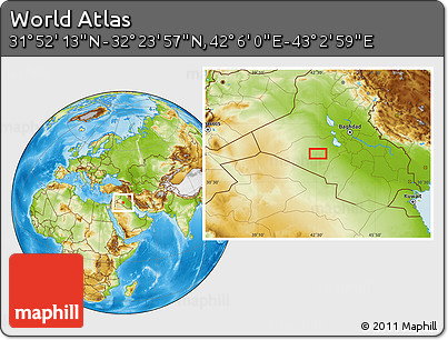 Physical Location Map of the Area around 32° 8' 5" N, 42° 34' 30" E