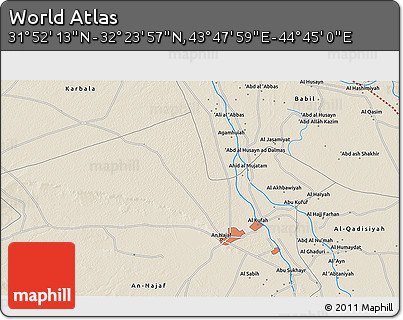 Shaded Relief 3D Map of the Area around 32° 8' 5" N, 44° 16' 29" E