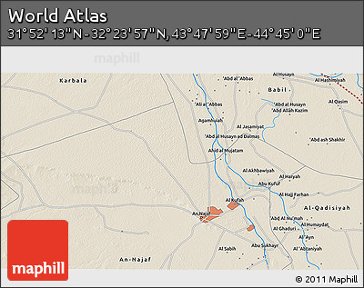 Shaded Relief 3D Map of the Area around 32° 8' 5" N, 44° 16' 29" E