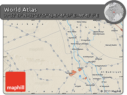 Shaded Relief Map of the Area around 32° 8' 5" N, 44° 16' 29" E