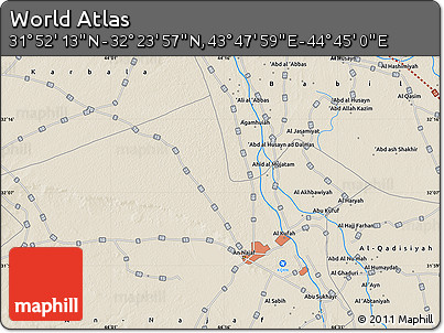 Shaded Relief Map of the Area around 32° 8' 5" N, 44° 16' 29" E