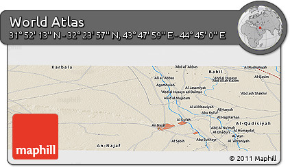 Shaded Relief Panoramic Map of the Area around 32° 8' 5" N, 44° 16' 29" E