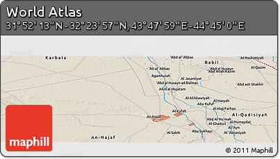 Shaded Relief Panoramic Map of the Area around 32° 8' 5" N, 44° 16' 29" E