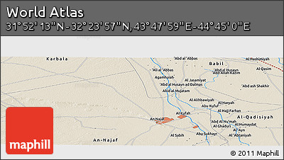 Shaded Relief Panoramic Map of the Area around 32° 8' 5" N, 44° 16' 29" E