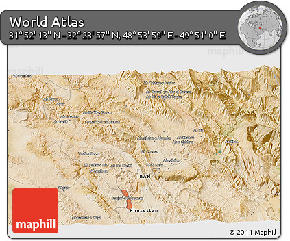 Satellite 3D Map of the Area around 32° 8' 5" N, 49° 22' 30" E