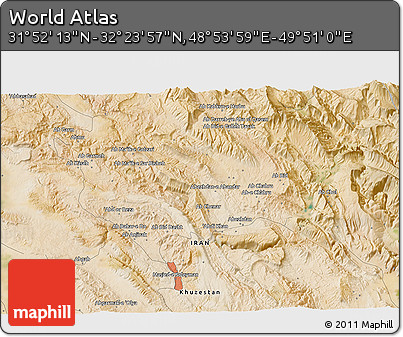 Satellite 3D Map of the Area around 32° 8' 5" N, 49° 22' 30" E