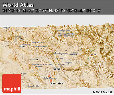 Satellite 3D Map of the Area around 32° 8' 5" N, 49° 22' 30" E