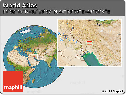 Satellite Location Map of the Area around 32° 8' 5" N, 49° 22' 30" E