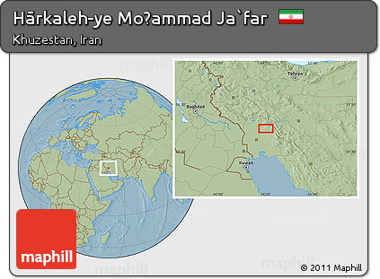 Savanna Style Location Map of Hārkaleh-ye Moḩammad Ja`far, hill shading