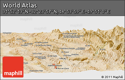 Satellite Panoramic Map of the Area around 32° 8' 5" N, 49° 22' 30" E