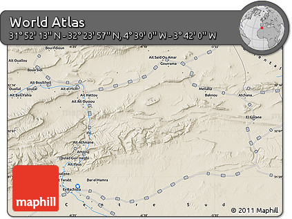 Shaded Relief Map of the Area around 32° 8' 5" N, 4° 10' 30" W