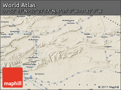 Shaded Relief Map of the Area around 32° 8' 5" N, 4° 10' 30" W