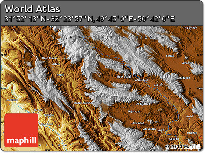 Physical Map of the Area around 32° 8' 5" N, 50° 13' 30" E