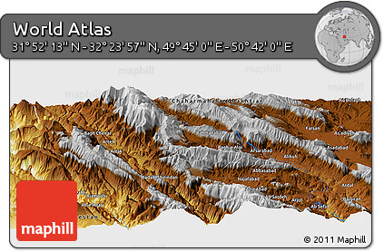 Physical Panoramic Map of the Area around 32° 8' 5" N, 50° 13' 30" E