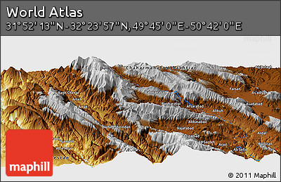 Physical Panoramic Map of the Area around 32° 8' 5" N, 50° 13' 30" E