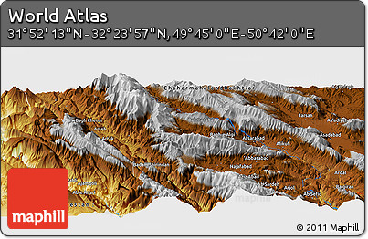 Physical Panoramic Map of the Area around 32° 8' 5" N, 50° 13' 30" E