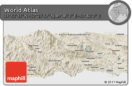 Shaded Relief Panoramic Map of the Area around 32° 8' 5" N, 50° 13' 30" E