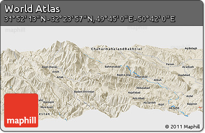 Shaded Relief Panoramic Map of the Area around 32° 8' 5" N, 50° 13' 30" E